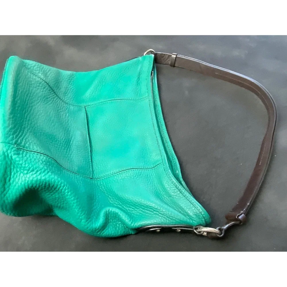 Cole Haan Green Pebbled Leather Hobo Shoulder Bag Emerald Handbag Brown Strap‎